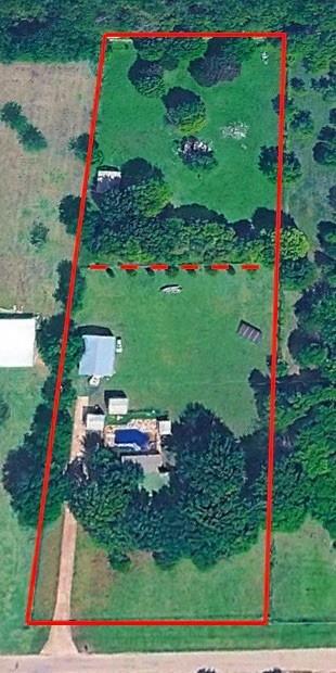 Aerial Satellite View wRed Property Boundary & Cross-Fence Line At Dotted Red Line.