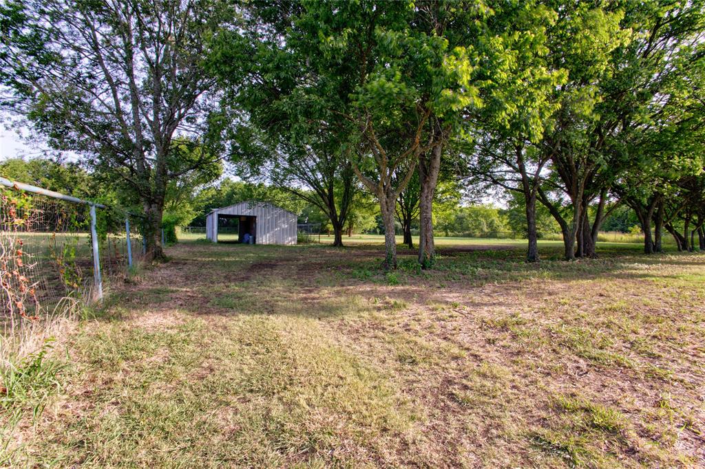 Expansive Outdoor Space View down the Fence-line toward the  "Barn" Building among Mature Trees