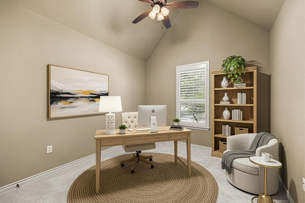 Bedroom #3 or Lovely  light filled office with walk-in closed and vaulted ceiling.  Virtually Staged