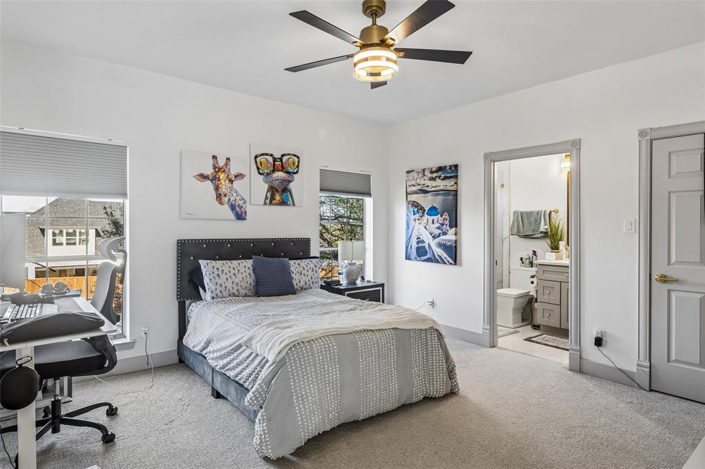 White wall finishes, recessed lighting, and a contemporary ceiling fan