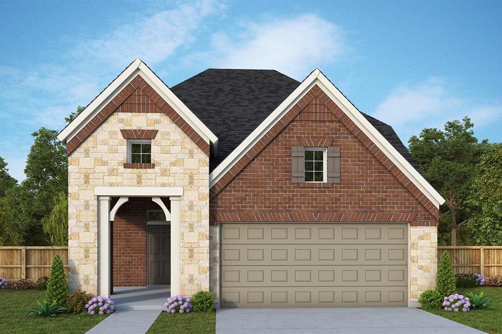 Charming brick and stone exterior featuring a gabled roofline with dark asphalt shingles, white trim accents, and a recessed entry with arched doorway