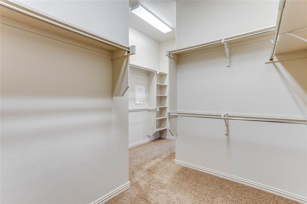 Spacious walk-in closet with built-in shelving, hanging rods, and neutral-toned carpeting