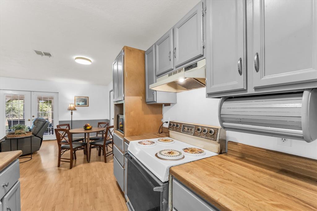 Kitchen featuring wood-finish countertops, grey cabinetry, and an electric range