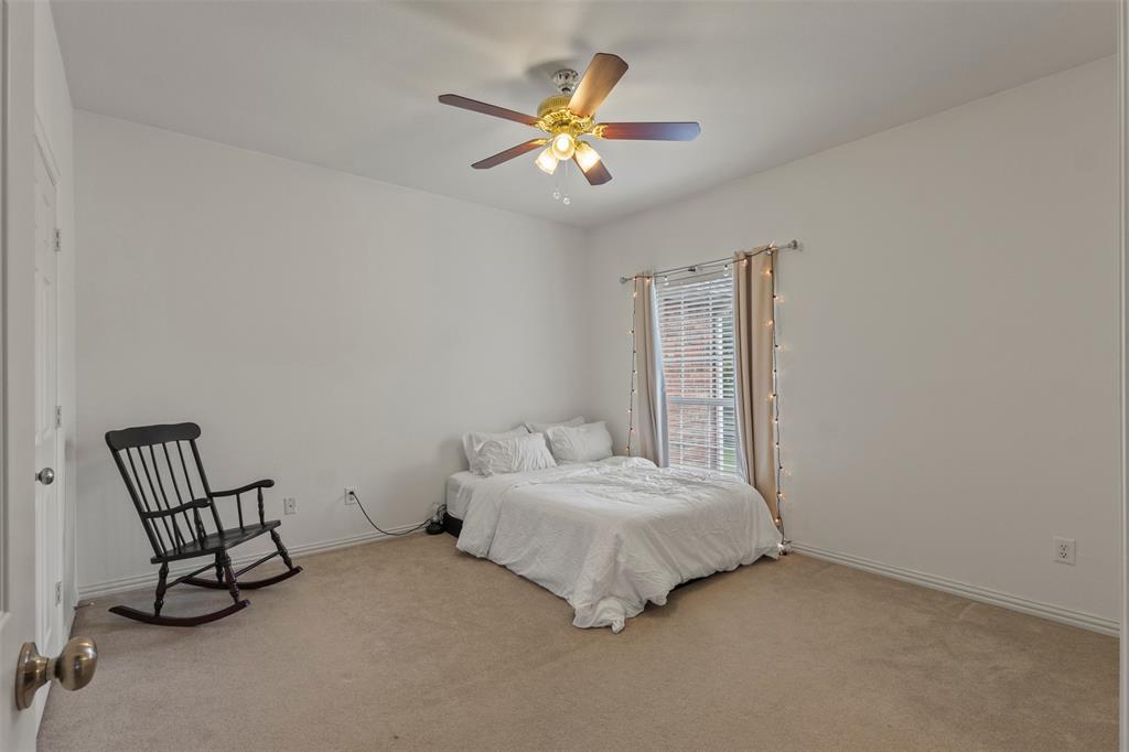 Carpeted room featuring a ceiling fan with integrated lighting, a window with blinds, and white walls