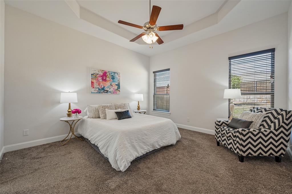 Tray ceiling featuring a ceiling fan, two windows with blinds, and carpeted flooring
