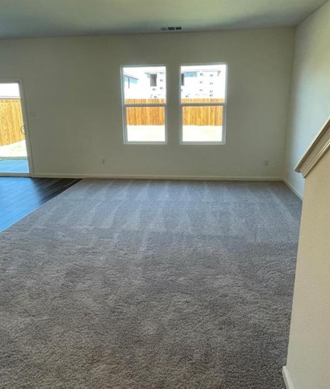Plush gray carpeting, white walls, two windows, and a sliding glass door