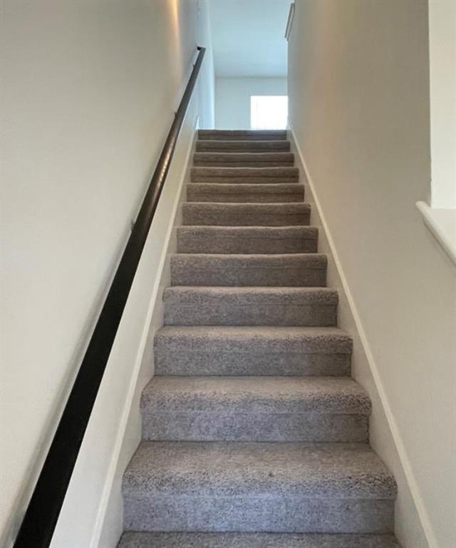 Carpeted staircase with a dark-finished handrail and light-toned walls