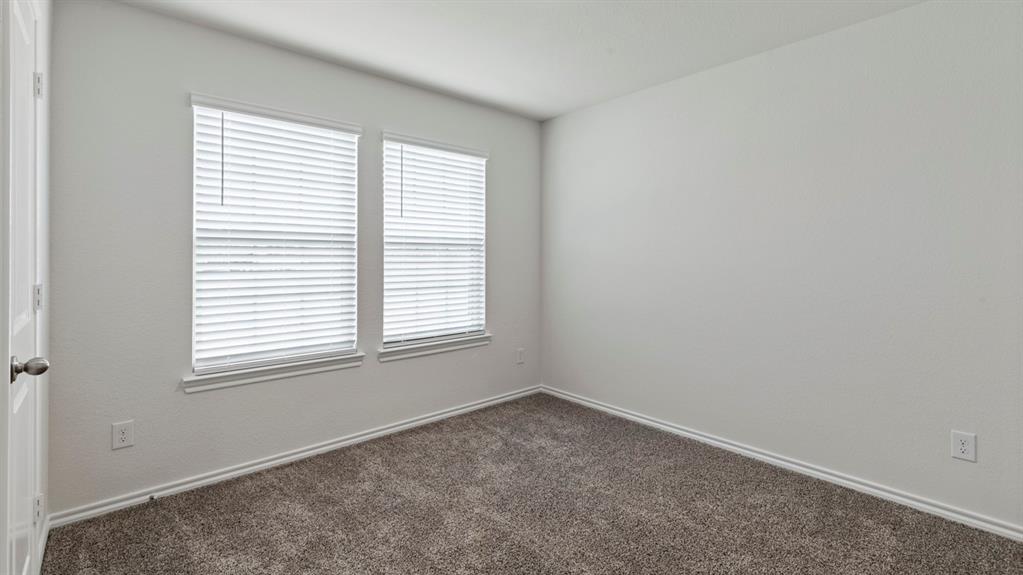 Neutral-toned wall paint, two windows with blinds, gray carpet, and white trim