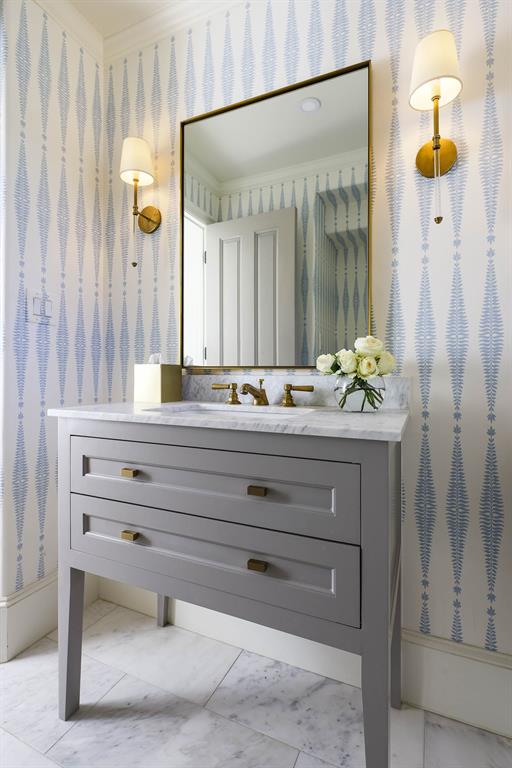 Powder bath with designer wallpaper and light fixtures