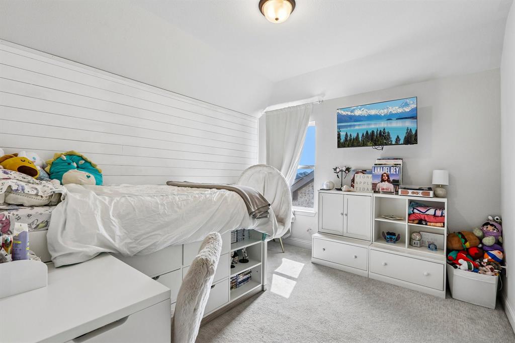 Shiplap accent wall, recessed window, wall-mounted television, built-in shelving, and light gray carpet