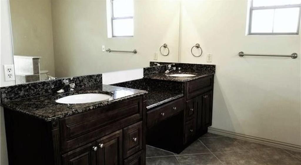 Dual vanity with dark wood-finish cabinetry, stone countertops, and integrated sinks