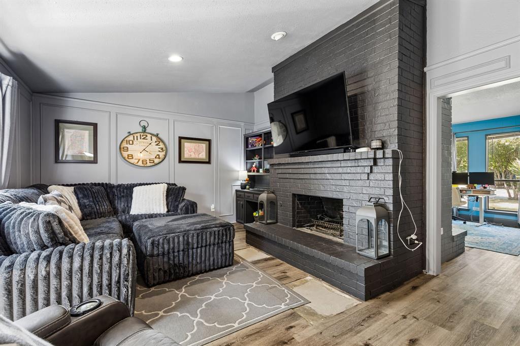 Painted brick fireplace with mantel