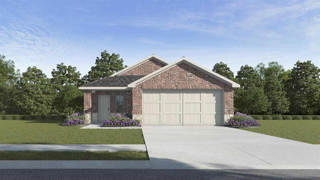 Brick facade with stone accents, attached two-car garage, concrete driveway, and front landscaping Brick facade with stone accents, attached two-car garage, concrete driveway, and front landscaping