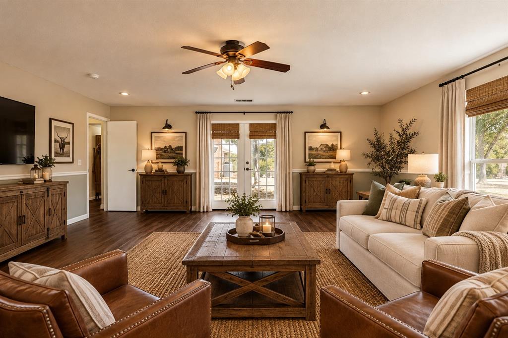 Recessed lighting, wood-finish flooring, ceiling fan with integrated lighting, and French doors