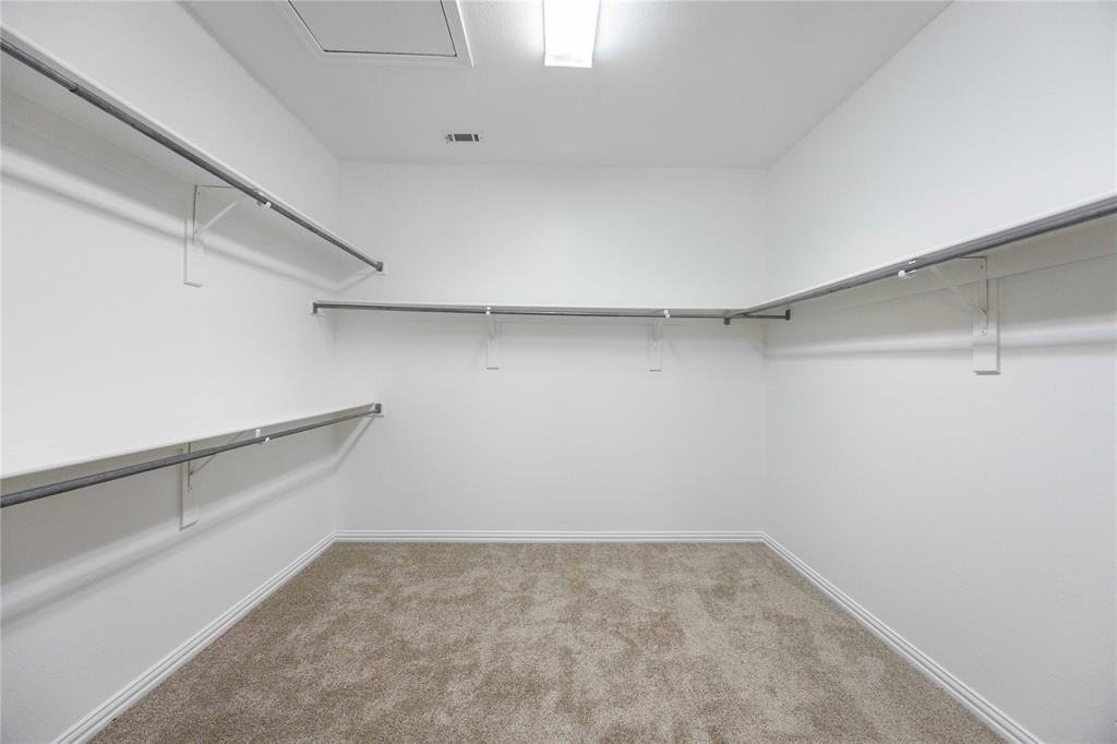 Spacious closet featuring wall-mounted garment rods, light-toned carpet, and white trim