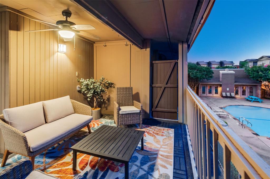 Spacious balcony with direct access to pool via staircase