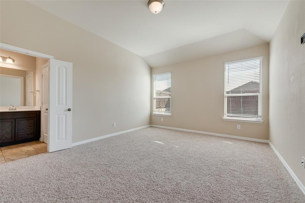 Vaulted ceiling, two windows with blinds, neutral carpeting, light neutral wall paint, and an en-suite bathroom featuring a vanity with a mirror and lighting