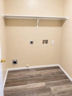 Wood-finish flooring, wall-mounted shelving, and utility hookups