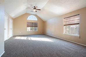 Unfurnished room featuring carpet, ceiling fan, vaulted ceiling, and baseboards