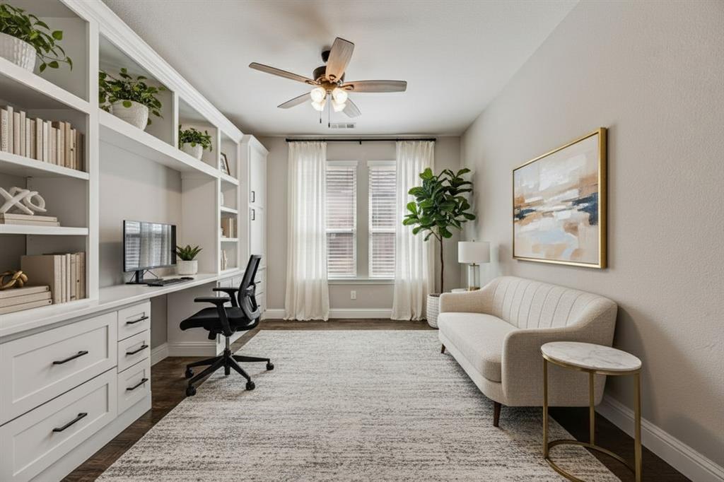 The office has been virtually staged to showcase potential décor and layout options.