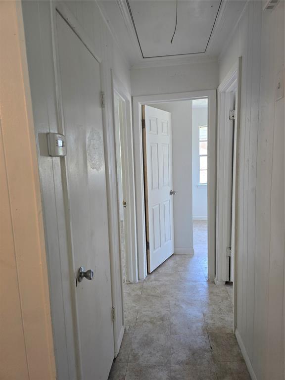 Hallway featuring paneling and neutral-toned flooring