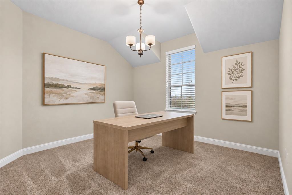 Vaulted ceiling with an attached chandelier, neutral wall paint, carpet flooring, and a window with blinds