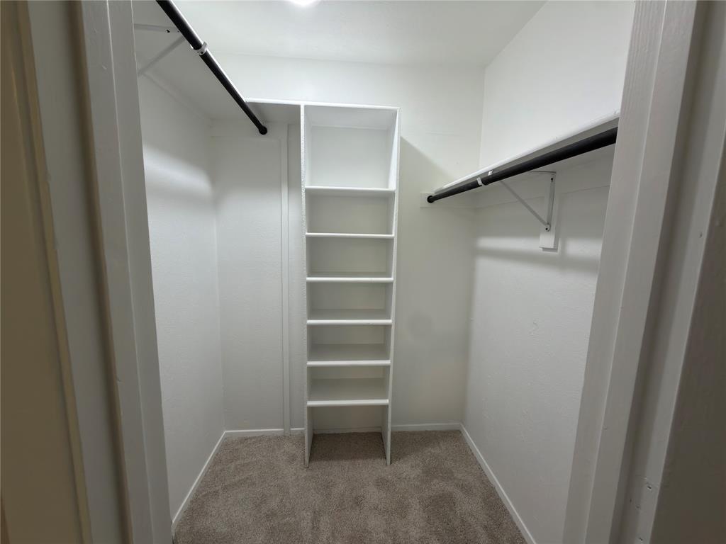 Walk-in closet with carpet flooring, built-in shelving, and dual hanging rods