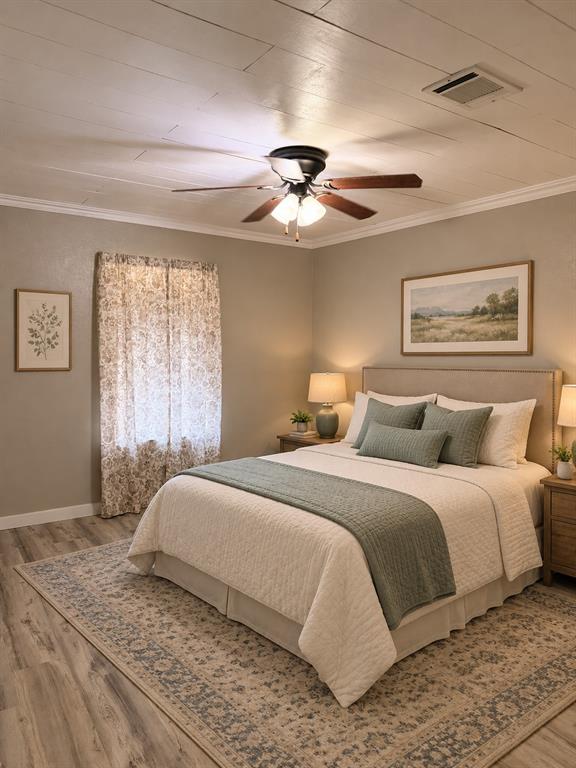 Wood-finish flooring, paneled ceiling, and ceiling fan