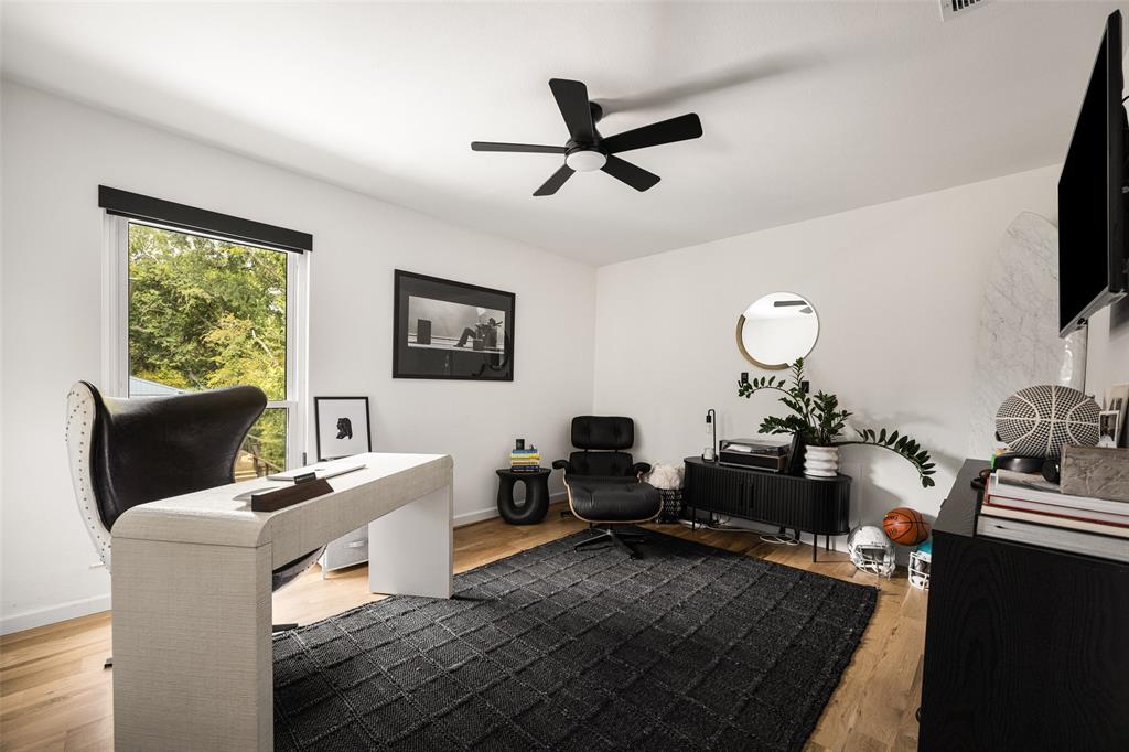 Hardwood flooring, recessed lighting, and a ceiling fan with light kit