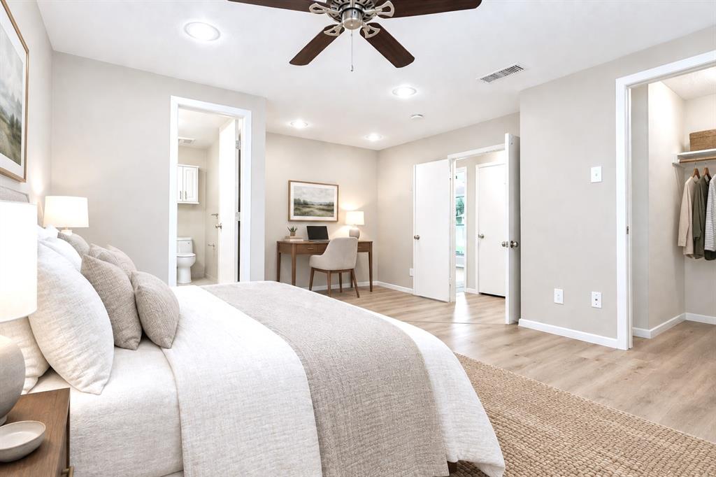 Room for a king bed, plus extra space for office, hobby, sitting, or yoga mat. Large closet, plus en suite bath with two sinks, large updated shower.  Virtual Staging.