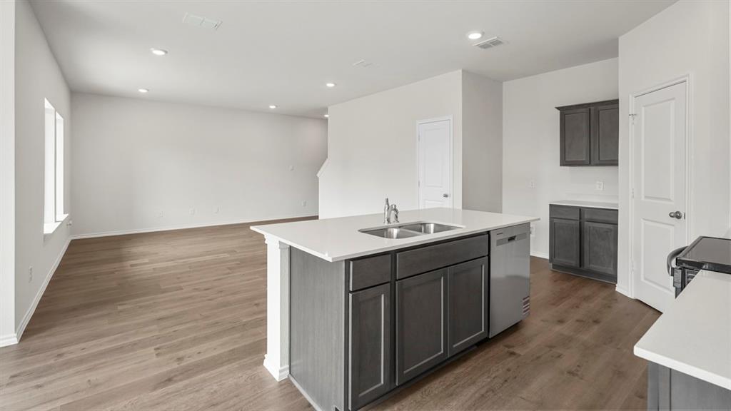 Kitchen island with dual stainless steel sink and integrated dishwasher