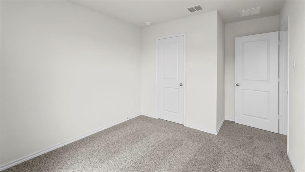 Room featuring light gray wall-to-wall carpeting, white baseboards, and two paneled interior doors