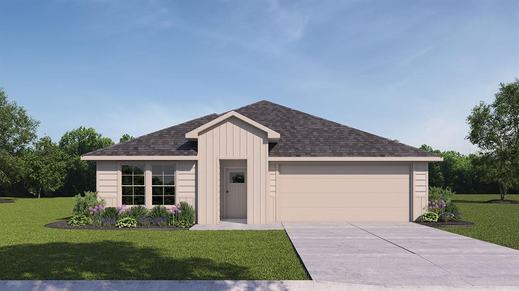 Single-story residence featuring a dark shingle roof, light-colored siding, an attached garage, and a concrete driveway