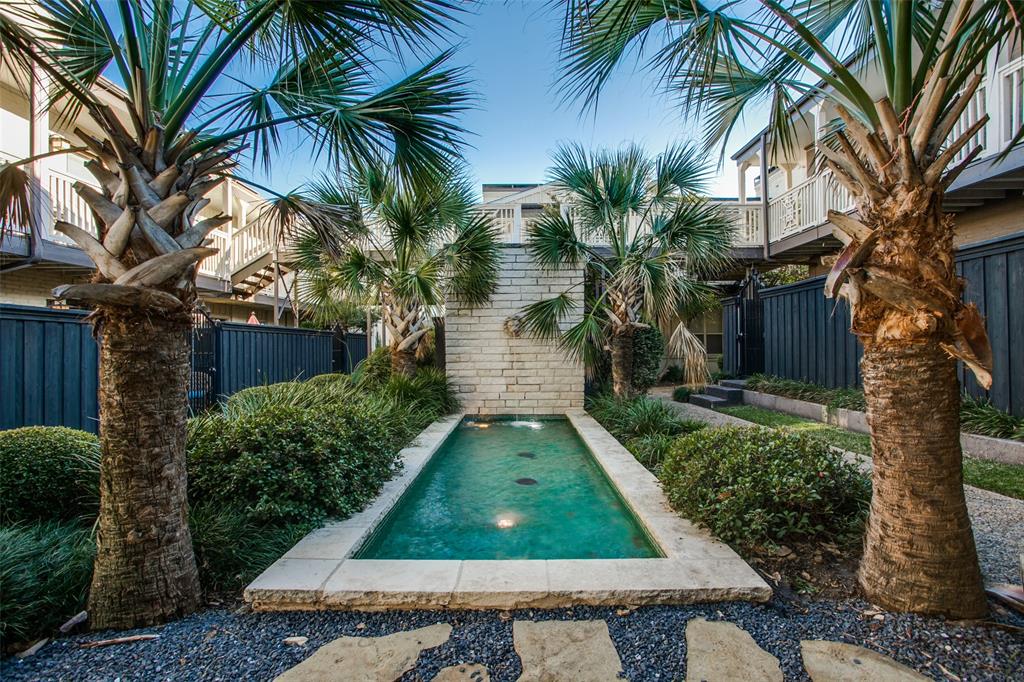 Landscaped courtyard featuring a rectangular water feature with a stone surround, stone accent wall, decorative gravel, and established palm trees