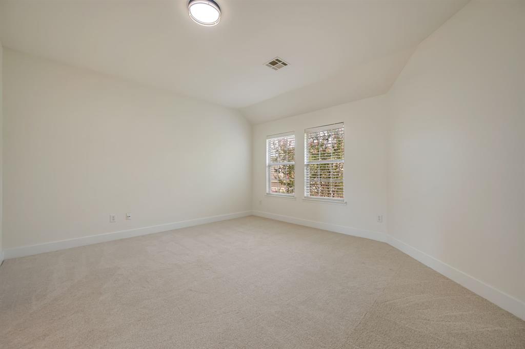Neutral tone wall paint, carpeted flooring, two windows with blinds, and an overhead flush-mount light fixture