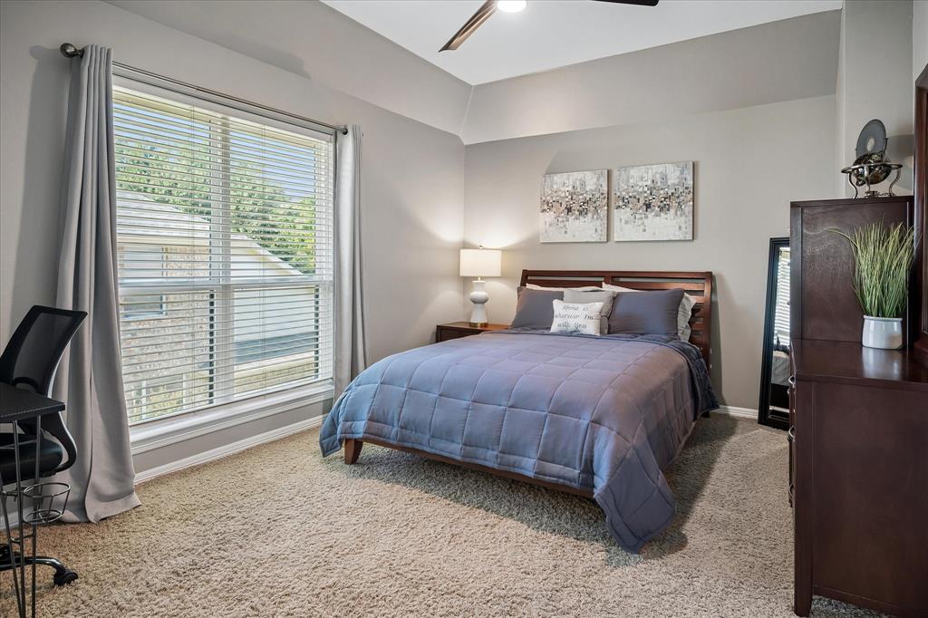 Neutral wall paint, carpeted flooring, large window with blinds, ceiling fan, and tray ceiling