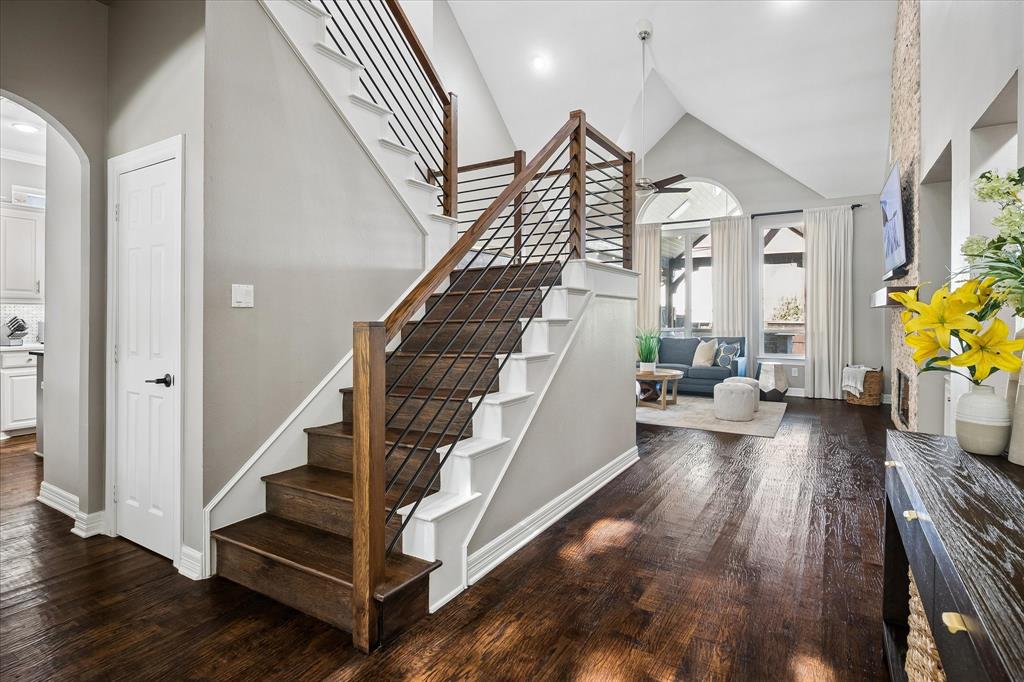 Dark wood-finish flooring throughout