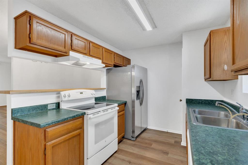 Wood-finish flooring, wood cabinetry, green countertops, stainless steel refrigerator, and a double basin sink
