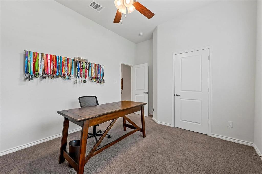 Recessed lighting, ceiling fan with light fixture, white interior doors, and carpet flooring Recessed lighting, ceiling fan with light fixture, white interior doors, and carpet flooring