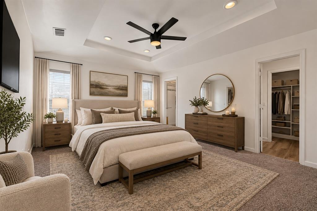 Used AI to furnish Master Bedroom. Master bedroom has two closets. One in the bedroom and another in the Master bath area.
