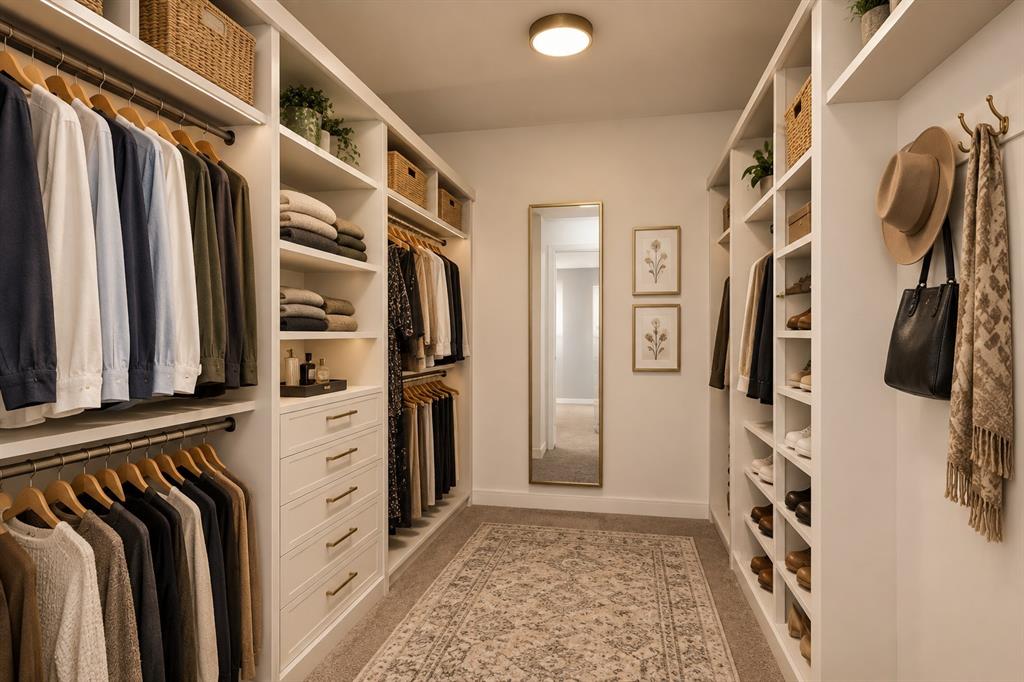 Furnished with AI. Master bedroom walk in closet.