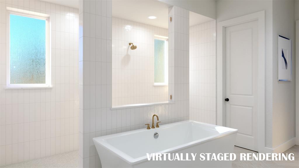 Our Ashland III plan features our signature owner's bath with walk through double shower and freestanding tub creating a spa like experience every day.  VIRTUALLY STAGED RENDERING