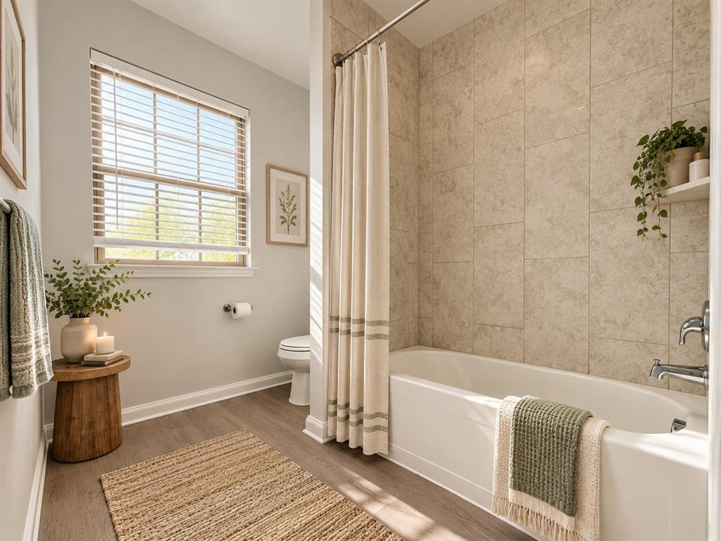 Full-size bathtub with tiled surround, wood-finish flooring, and window with blinds
