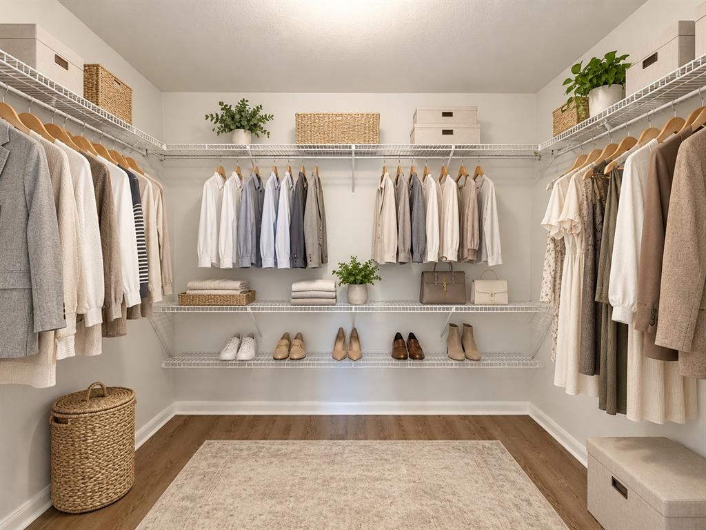 Walk-in closet featuring wire shelving, hanging rods, and wood-finish flooring Walk-in closet featuring wire shelving, hanging rods, and wood-finish flooring