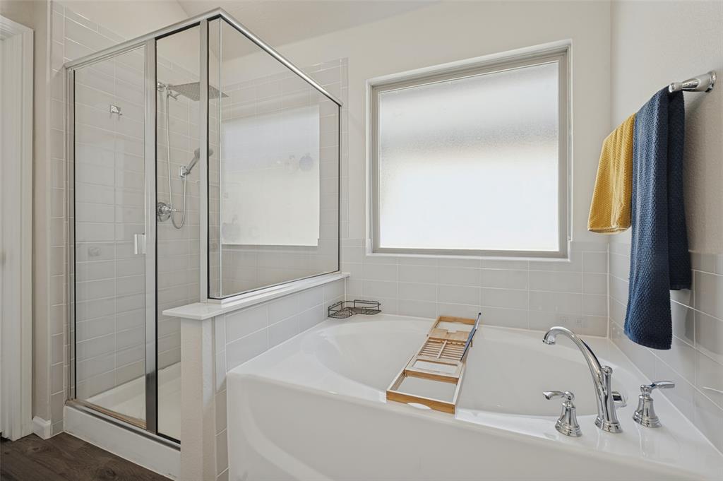 Glass-enclosed shower with a separate soaking tub