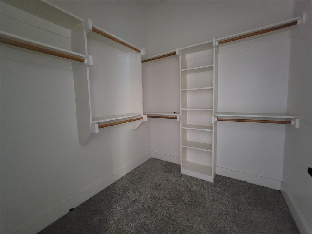 Custom walk-in closet featuring white built-in shelving, hanging rods, and neutral carpeting