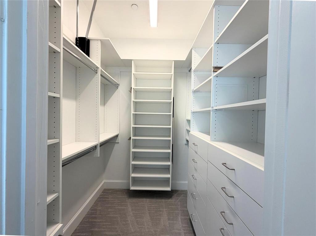 Expansive closet system featuring multiple shelving units, integrated hanging rods, extensive drawer storage with metal pulls, and a built-in ladder
