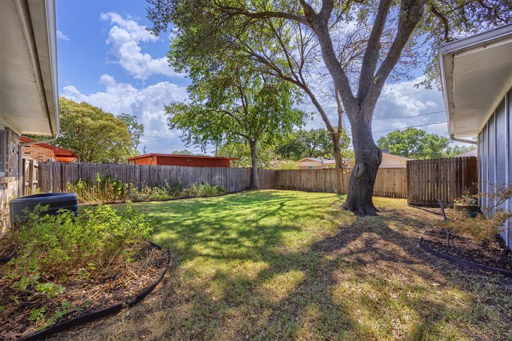 Fenced backyard with established lawn and mature trees