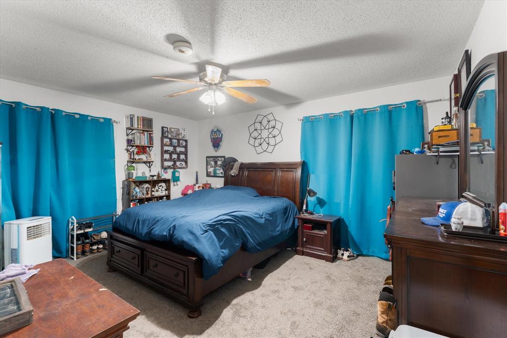 Neutral-toned wall finish featuring a central ceiling fan with integrated lighting and wall-to-wall carpeting