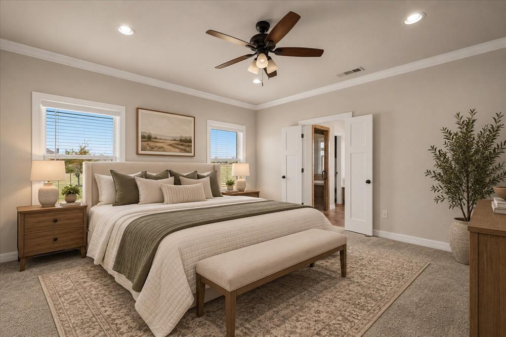 Recessed lighting, crown molding, double pane windows, ceiling fan, and double doors